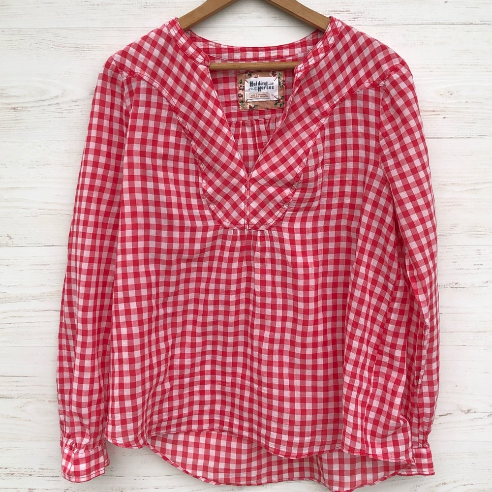 Holding Horses Anthropologie red gingham blouse 10